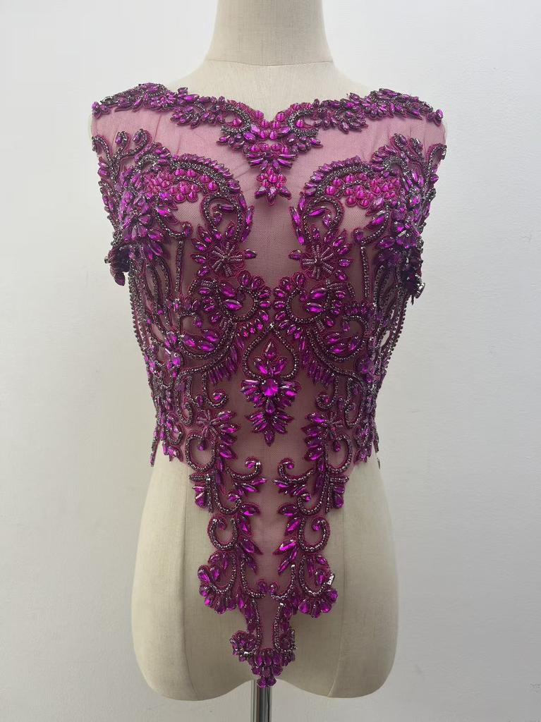 Rhinestone Tassel Dark Purple Beaded Lace Fabric with Motif Rhinestones Flower Shape Embroidery Trim for Wedding Dress