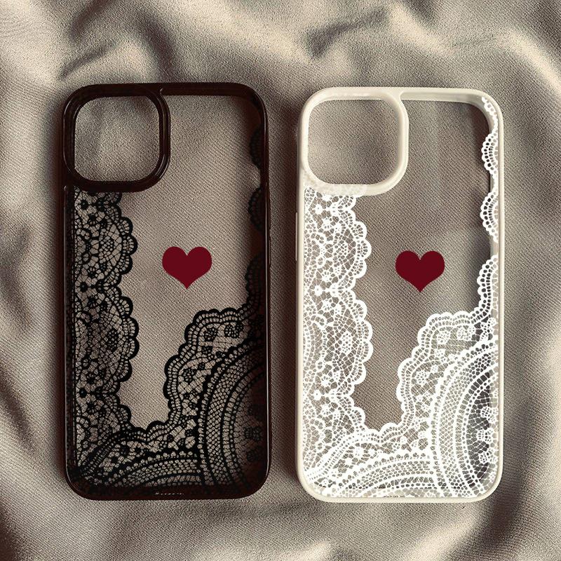 Cute Black White Lace Floral Pattern Phone Case For iPhone 16 17 Pro 15 17Air 13 11 12 XS Max 7 8 14 Plus XR Clear Hard Cover