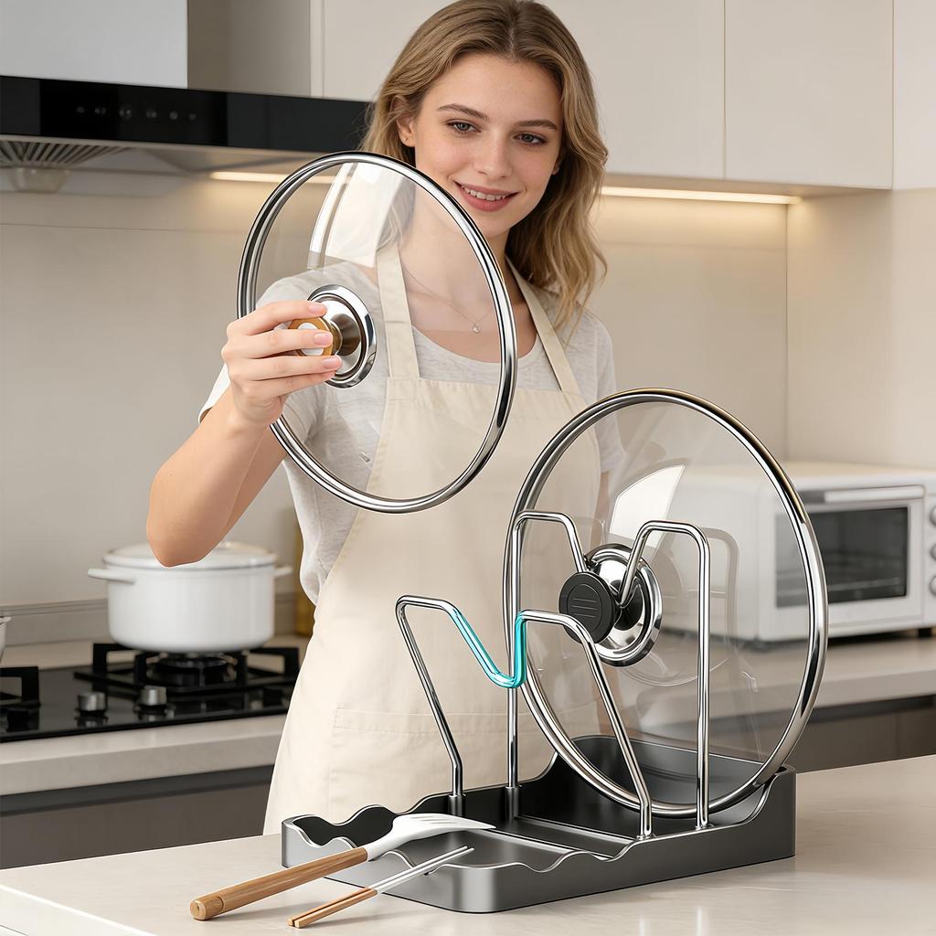 Double Layer Pot Lid Rack 2-In-1 Lid Storage Rack with 2 Sponge Drainers Countertop Kitchen Storage Rack with Spoon Rest
