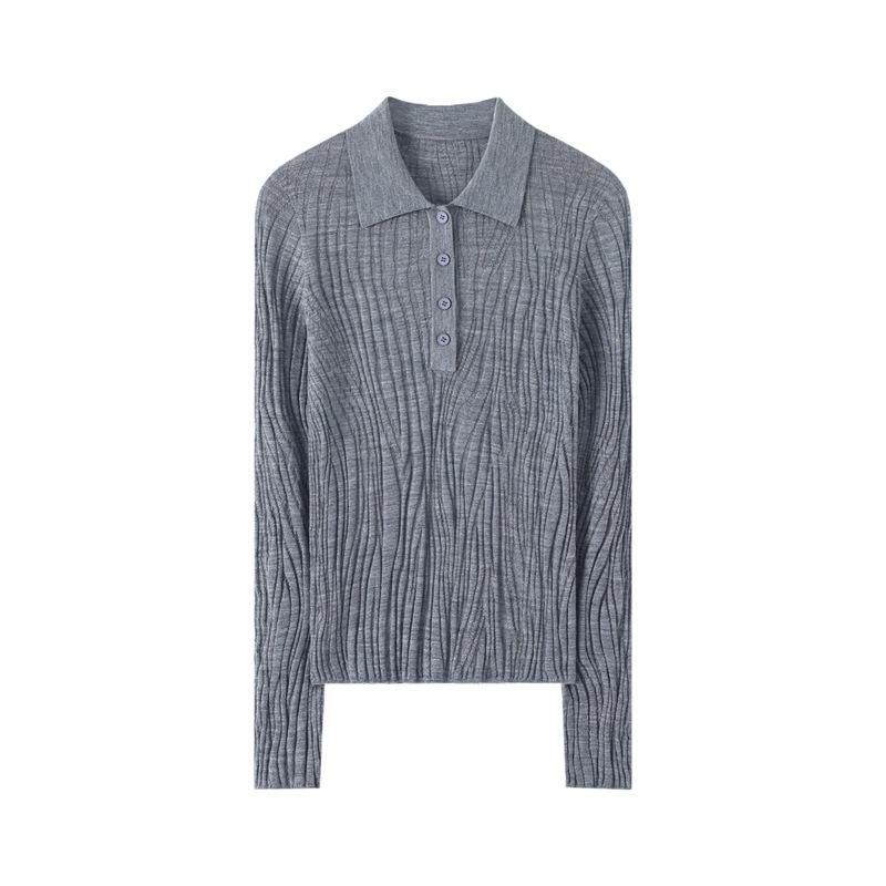 Women's 100% Wool Polo Collar Sweater with Gauze Wave Pattern - Spring/Autumn Pullover Base Layer
