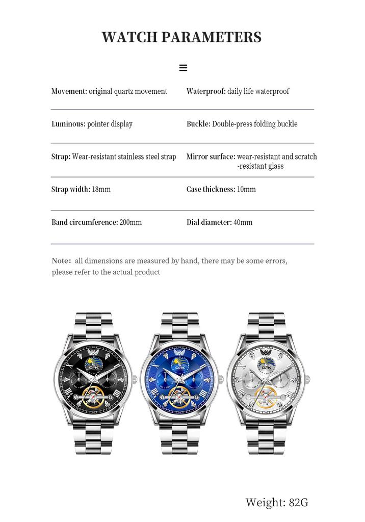 OPK 8148 Luxury Men’s Quartz Wristwatch Dual Calendar Luminous Moon Phase Waterproof Business Classic Watch for Man