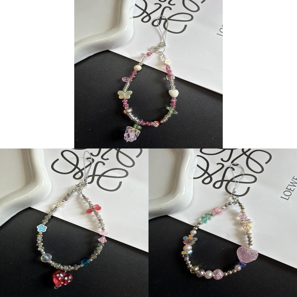 Pvc Pink Heart Bear Crystal Phone Strap With Butterfly Heart Pendant For Girls