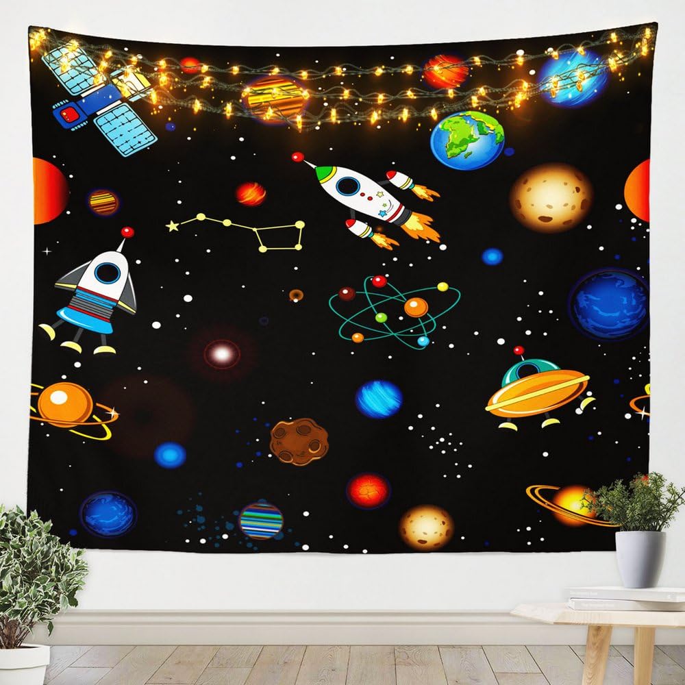 Galaxy Tapestry Outer Space Wall Tapestry for Boys Kids Universe Themed Tapestries Cute Cartoon Planet Rocket Print Wall Hanging