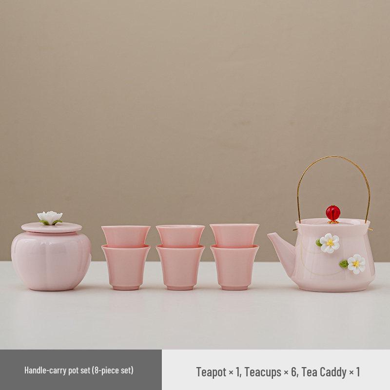 Women's Pink Ceramic Gongfu Tea Set with Teacup, Saucer, and Floral Handle Pot