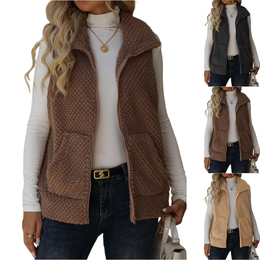 Women's Cardigan Zipper Loose Pocket Jacket Double-sided Plush Vest
