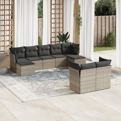 Vidaxl 9-Cz. Garden Furniture Set With Cushions, Grey, Poly Rattan