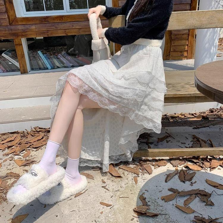 White Lace High-Waist Midi Skirt for Women - Early Autumn Asymmetric Tiered Cake Skirt with Ruffle Details & Design Sense