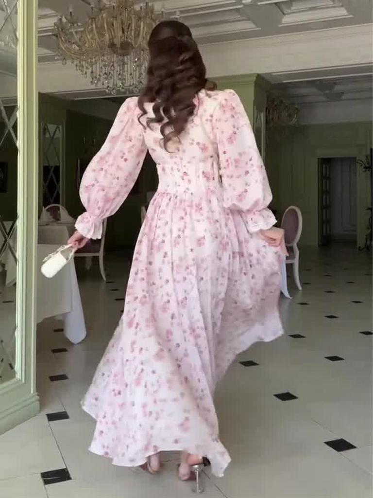 2025 Frühling Retro Elegantes Florales Langes Kleid mit Taillenbetonenden Langen Ärmeln für Damen.