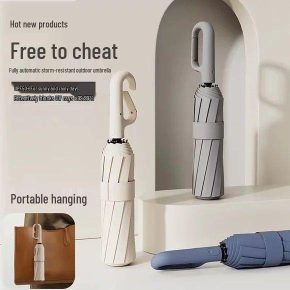 280-Bone Ring Buckle Automatic Sun & Rain Folding Umbrella: Large, Reinforced for Heavy Rain, UV Protection