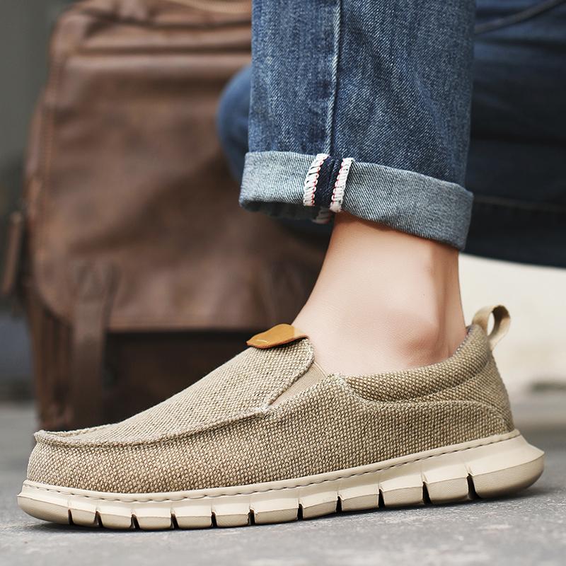 Men Outdoor Canvas Shoes Blue Slip on Sneakers Driving Shoes Casual Khaki Wide Head Shoes for Farther Plus Size Lightweight