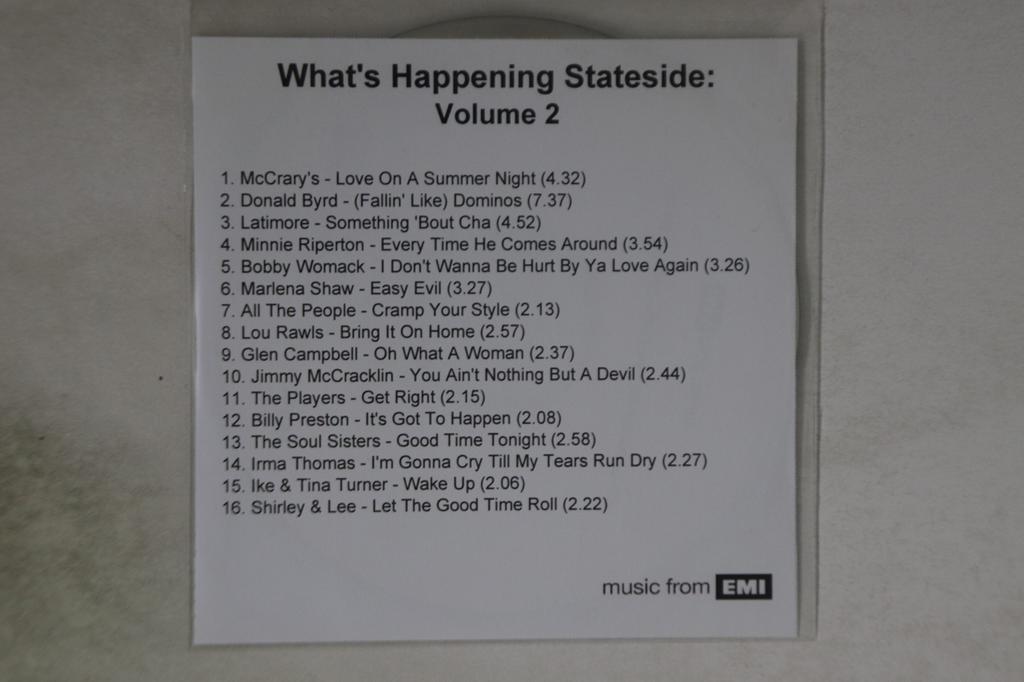 CD VARIOUS - Whats Happening Stateside Volume2 NONEPROMO EMI Unknown Soul/Funk Used