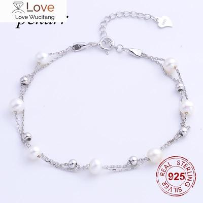 Pekurr Double Chain 925 Sterling Silver 4 .5mm Round Natural Freshwater Pearl Wrist Bracelet For Women 7 Beads Jewelry Bangles