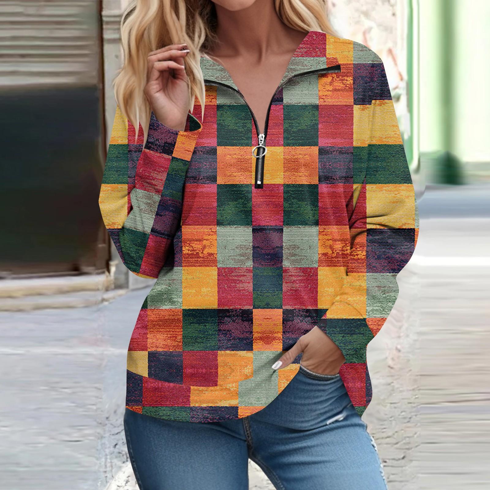 

Рубашки на молнии с длинным рукавом для женщин, футболки с ретро-принтом, блузки, повседневные топы, пуловеры M киноварь