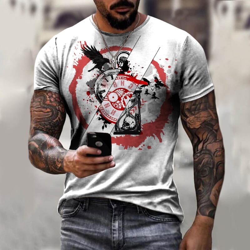 Men's 3D Printed T-Shirt Pocket Watch Compass Pattern Print Short Sleeve O-Neck Pullover Casual Top