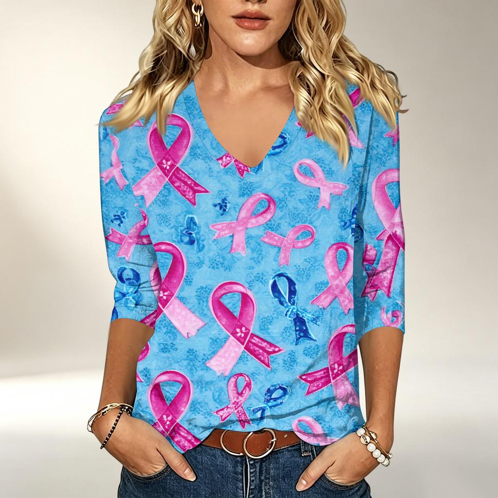 Women's V-Neck Printed 3/4 Sleeve Blouse Casual Top