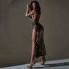 Women Spring Sleeveless Leopard Print Strapless Camisole Dress Summer Casual Slim Ankle-Length Backless High Waist Slit Pencil Dresses S-XL