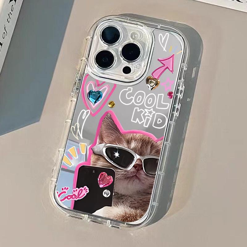 Cool Cat Pattern Phone Case For iPhone 11 12 13 14 15 16 17 Pro Max 16e 17e X XR XS Max 7 8 Plus Mirror Back Shockproof Cover