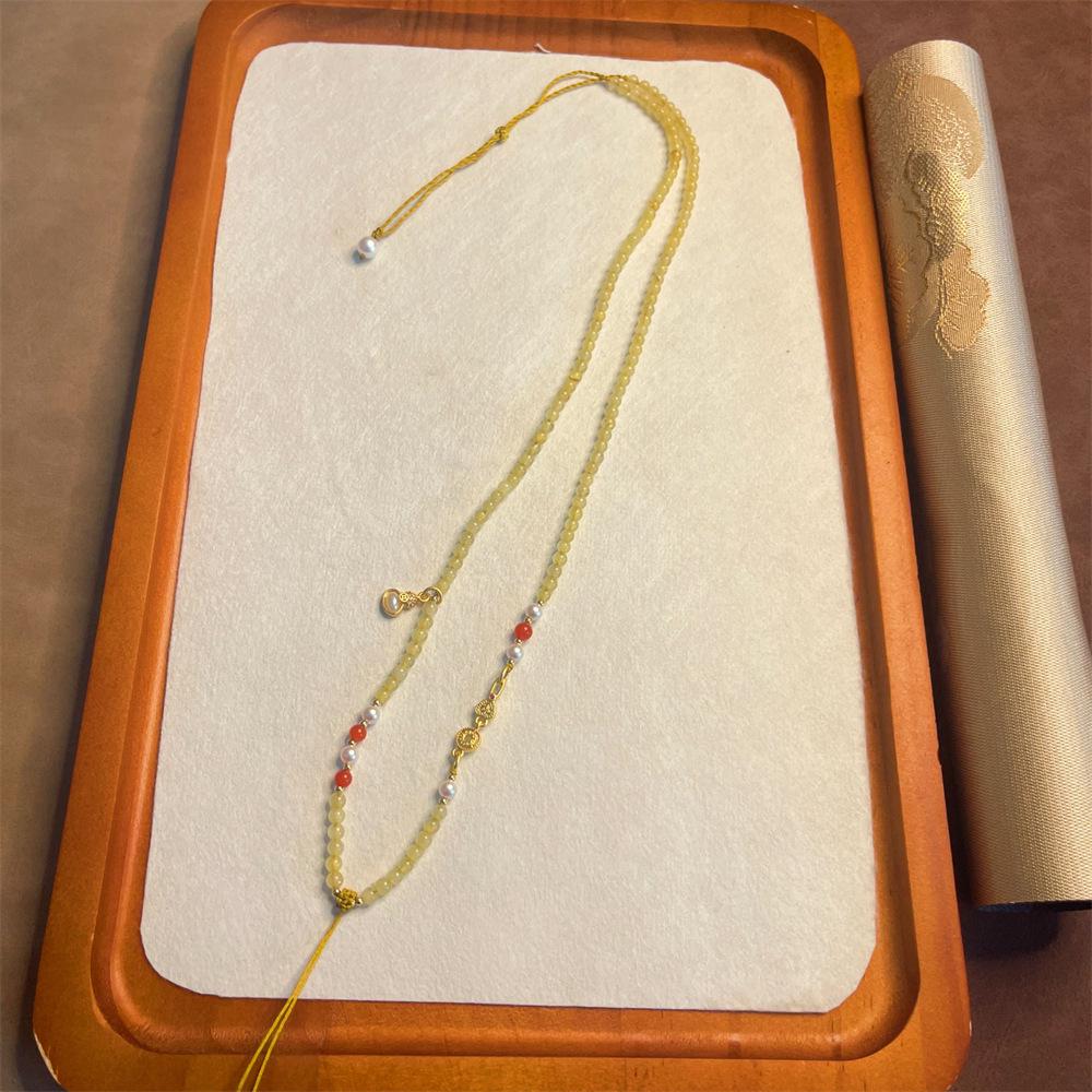 Natural Yellow Rutilated Quartz Bead Gourd Pendant Necklace with Eight Treasures Compass and Hand-Woven Rope