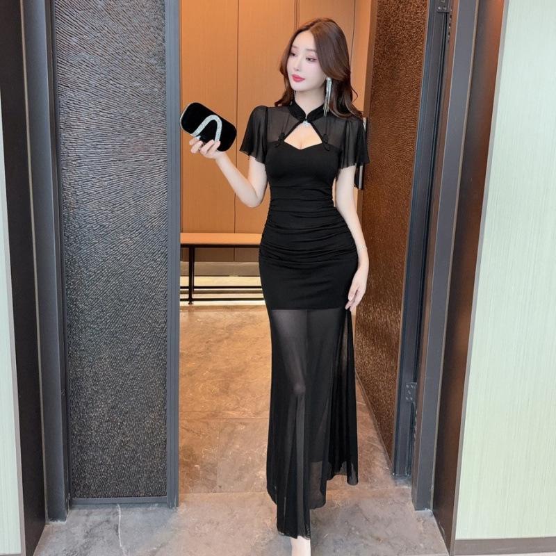 Elegant Mesh Patchwork Qipao Bodycon Gown with Slit
