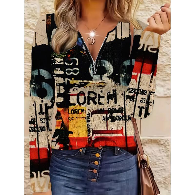 Women's casual zip-up long-sleeve top, lightweight and comfortable, machine washable, with a vintage artistic design, perfect for everyday wear