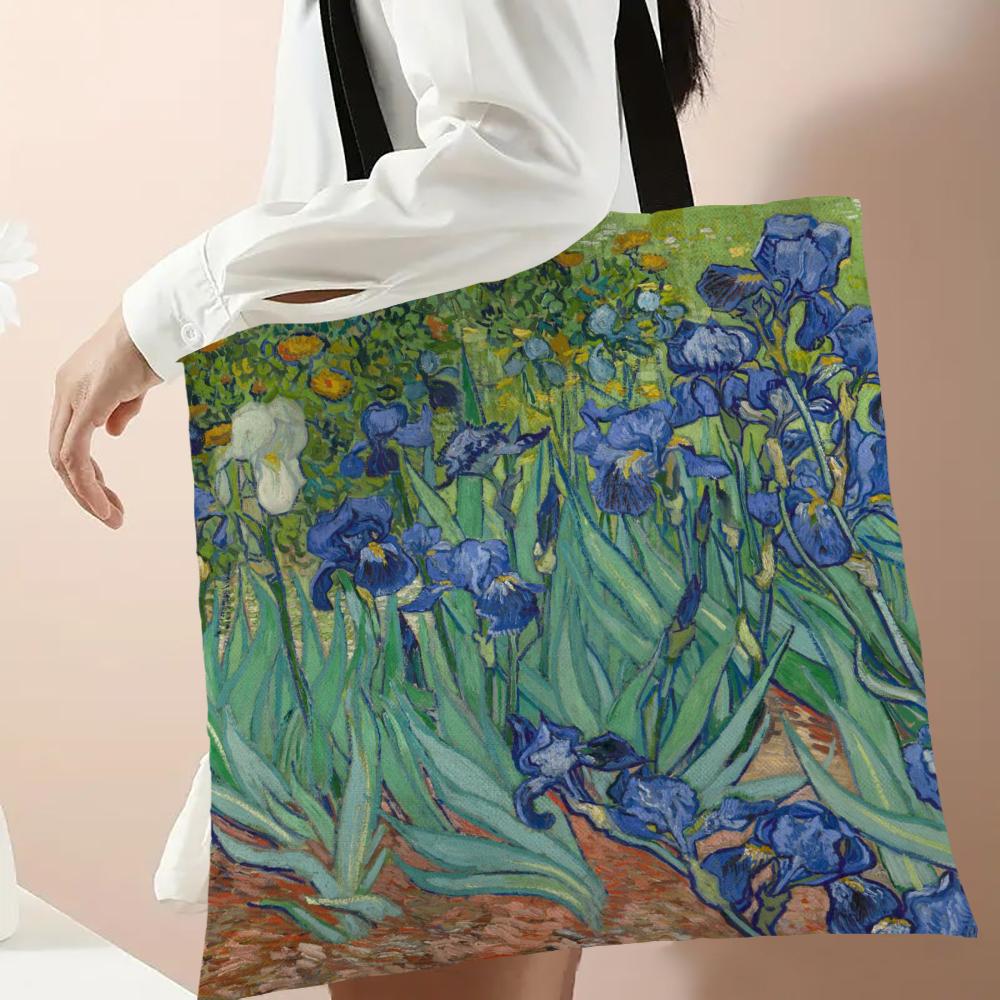 Van Gogh Series Linen Bag Oil Painting Starry Night Flower Handbag Light Weight Shoulder Bag High Capacity Eco Shopping Bags