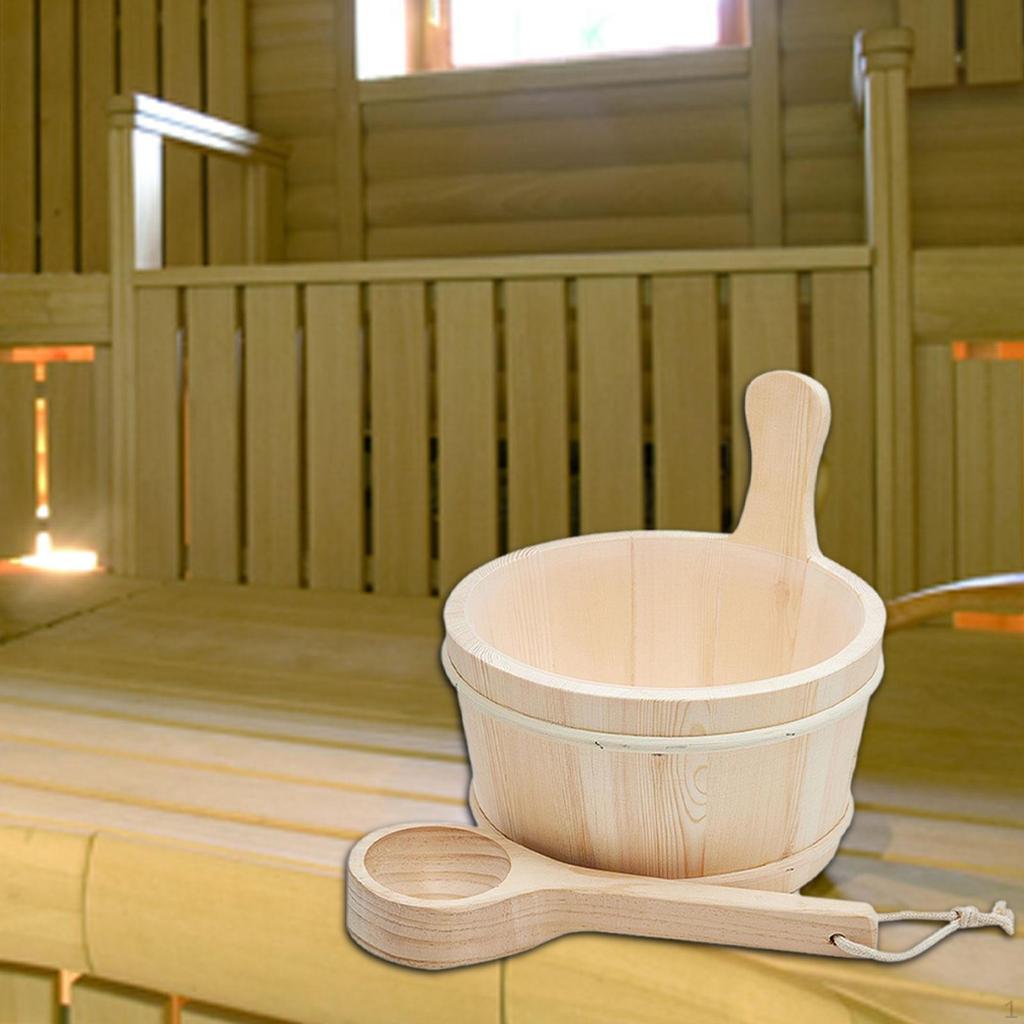 Sauna Wooden Bucket with Ladle Water Accessories Handle for Bathroom