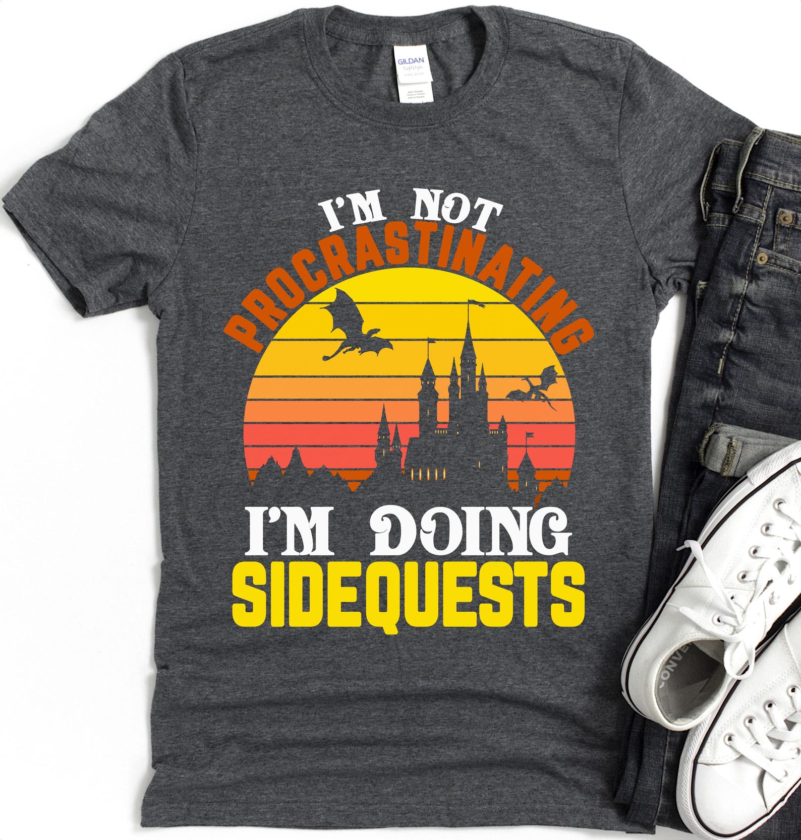 I m Not Procrastinating I m Doing Sidequests T-Shirt | Retro Sunset RPG Gamer 2XL