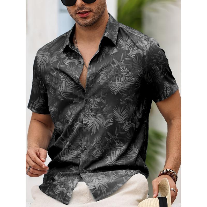 Camicia da Uomo a Maniche Corte con Bottoni e Stampa di Foglie di Palma Tropicali, Stile Casual Estivo, Lavabile in Lavatrice, Camicia Casual per la Spiaggia