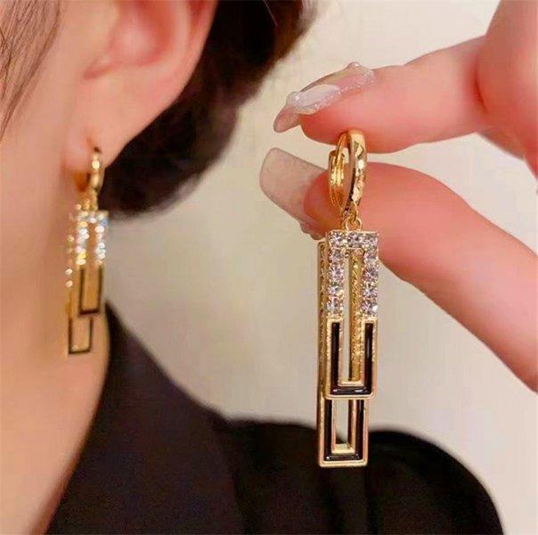 Luxury Trend Black Color Double Layer Earrings For Women Korean Crystal Zircon Geometric Earring Bride Wedding Statement Jewelry