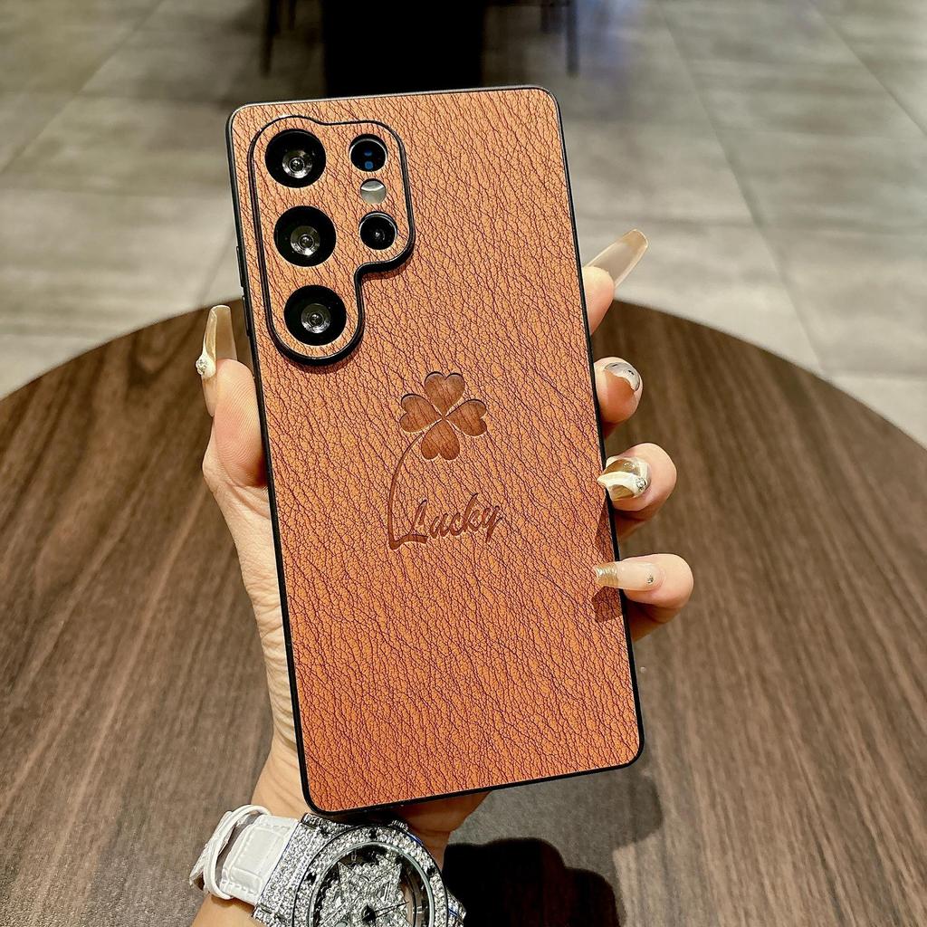 Samsung S25 Ultra/S24 FE Leather Texture Magnetic Ring Phone Case - Four-Leaf Clover Design, Full Coverage, Simple & Slim.