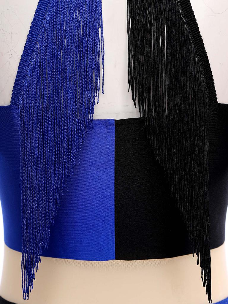 Mono Disco Mujer Años 70 Lentejuelas Brillantes Pecho Flecos Borlas Pantalón Largo Color Contraste Body de Una Pieza Ropa de Club para Baile