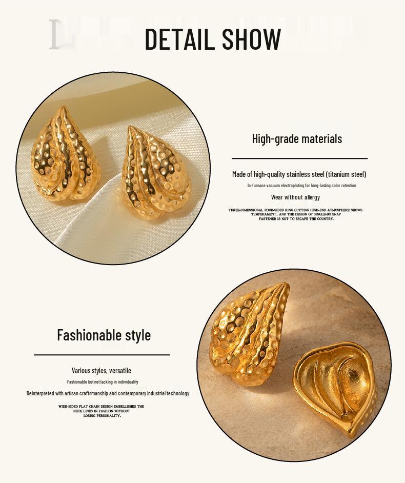 French Retro Hammered Titanium Steel Geometric Vintage Stud Earrings for Women