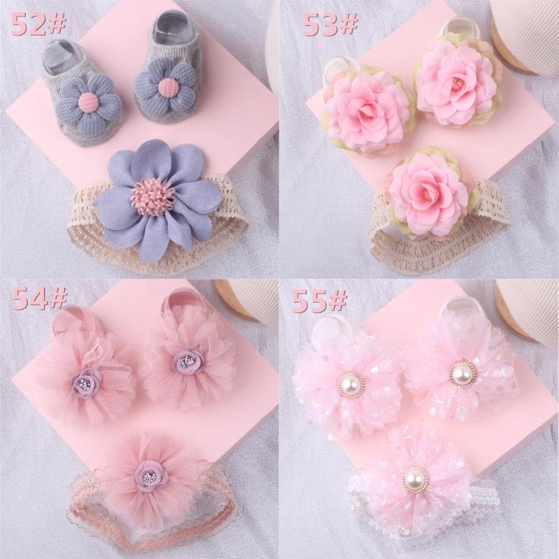 Lace Headband & Socks for Baby Unisex Boy Girl Elastic Headdress Anti-Skid Floor Socks Gender Neutral Heads Accessories