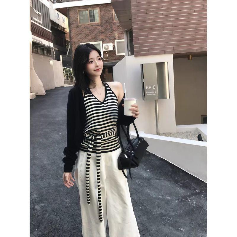 Kumikumi Design Sense Black Long sleeve Cardigan Inner wear Halter Top Women Autumn Slimming Casual Pants Three-Piece Suit