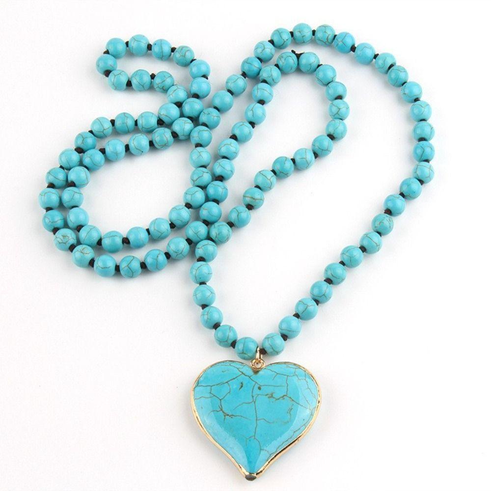 Heart Shape Pendant Turquoise Beaded Necklace 8 mm Beads Boho Necklace Women Gift