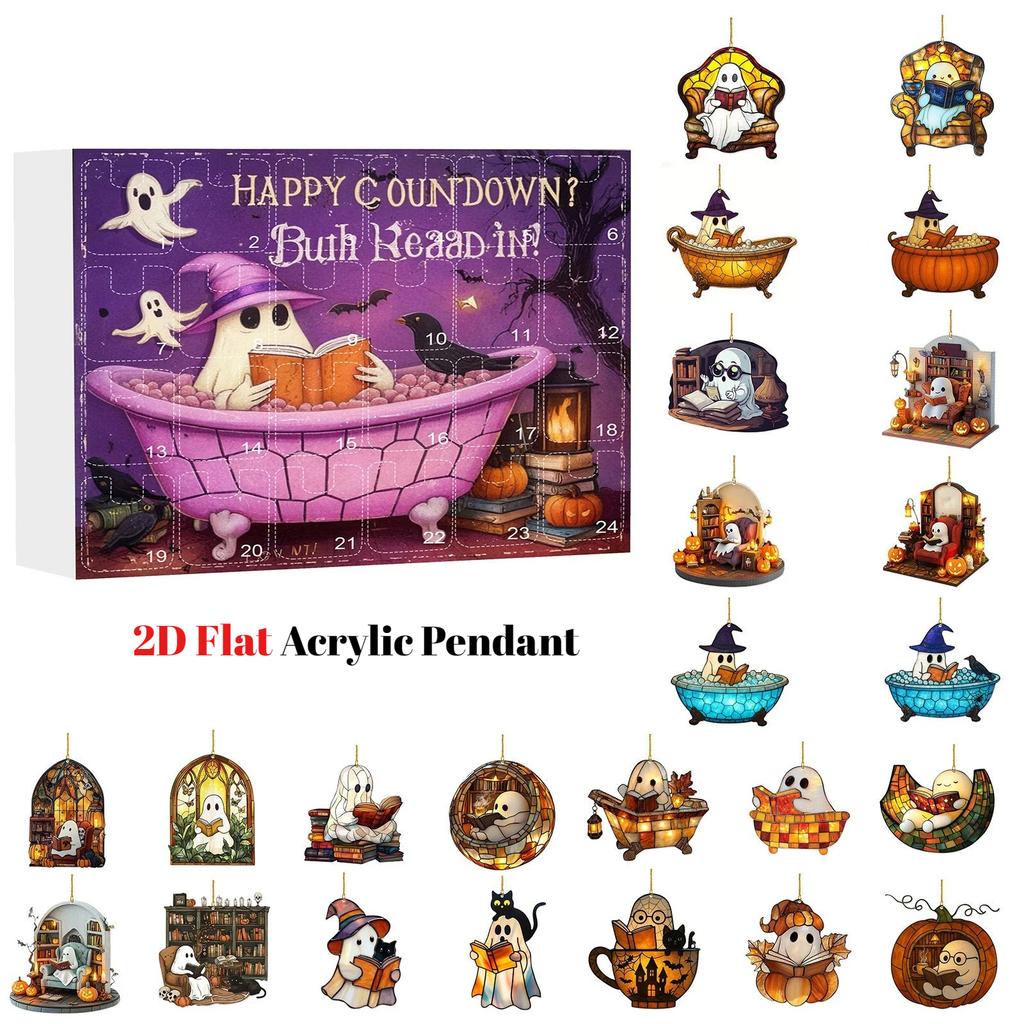 2025 Halloween Advent Calendar, 24 PCS Acrylic Ghost Reading Hanging Decorations, 2D Flat Acrylic Ghost Reading Hanging Ornament, Countdown Decor