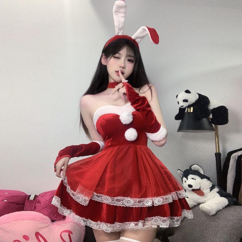 Sexy Lingerie New Velvet Strapless Lace Dress Sleeves Cute Bunny Girl Christmas Outfit Set Ball Cosplay Uniform Temptation