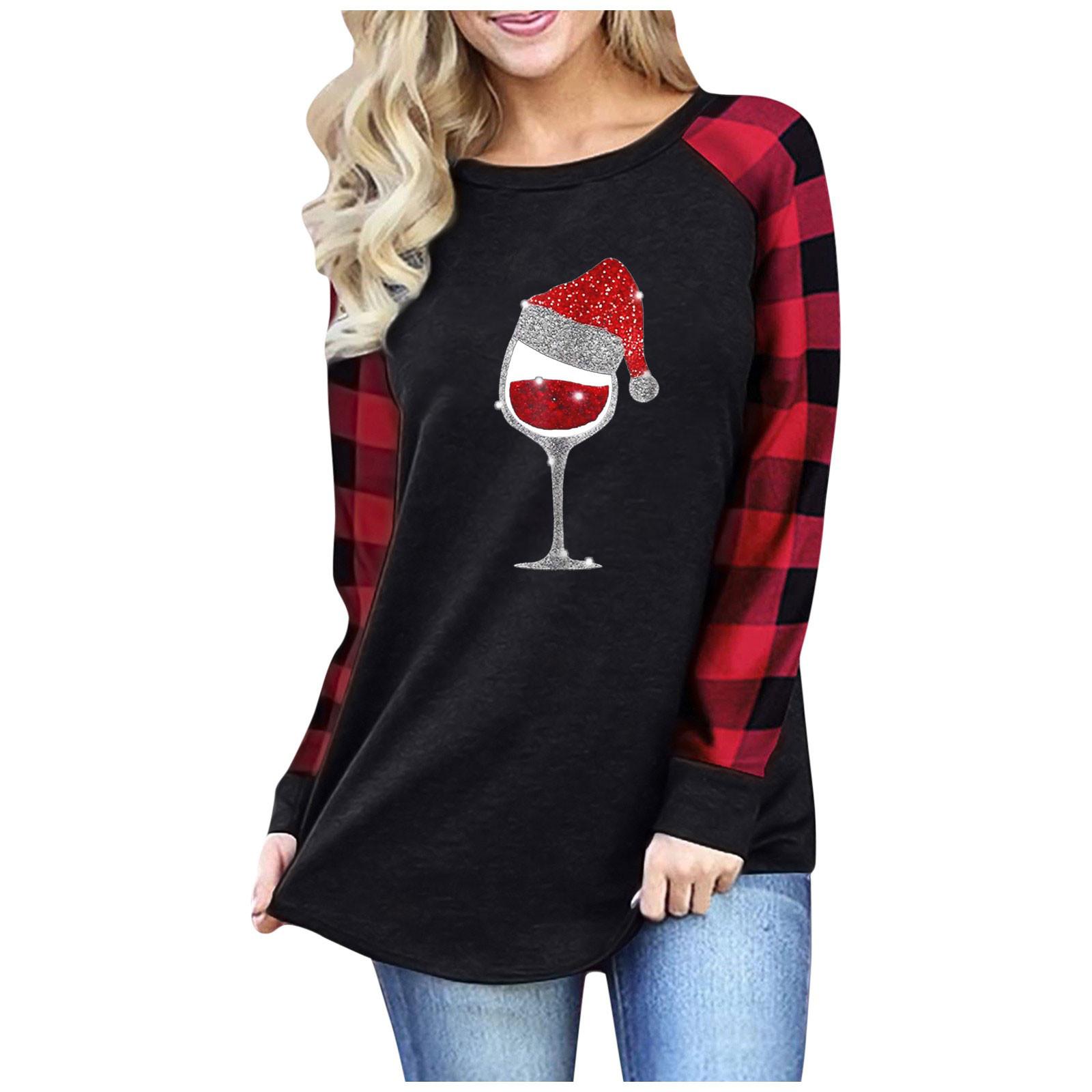 Women s Fashion Plaid Christmas Print Contrast Stitching Round Neck Loose Long Sleeve Top L винный