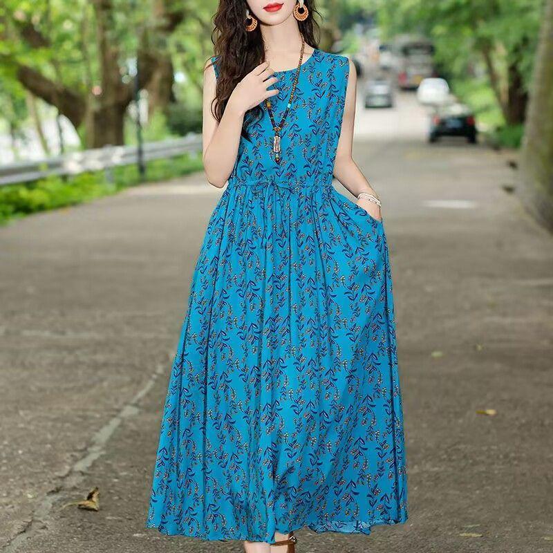 New Summer Floral Cotton-Silk Sleeveless Dress - Plus Size, Loose Fit, Slimming, Vacation Style Mom’s Long Dress