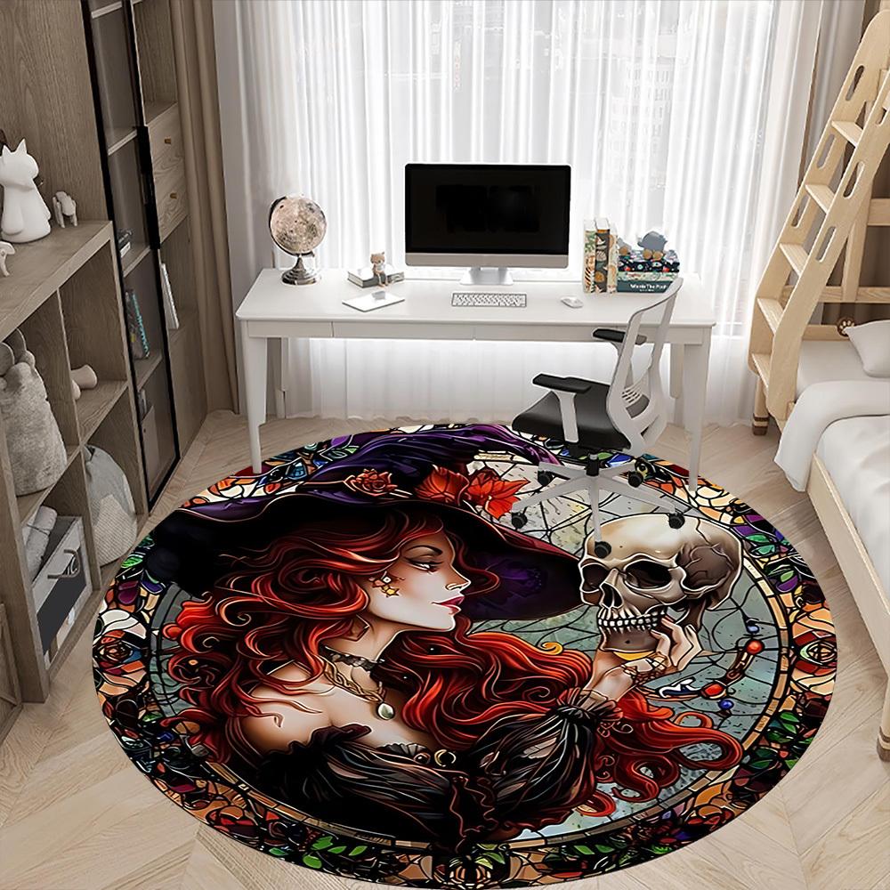 1PC Witch Skull Office Round Area Rug, Mat Suitable For Office, Under Office Chairs Bedroom Living Room Home Decor, Room Deco