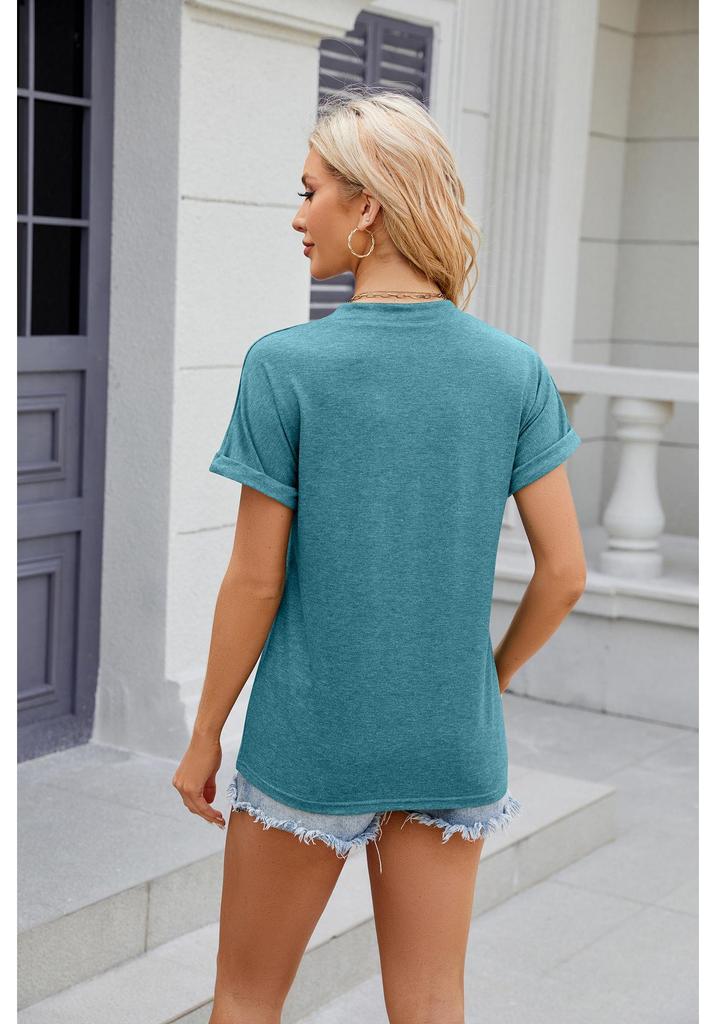 2025 Spring/Summer V-Neck Button Loose Short-Sleeve Solid Color T-shirt