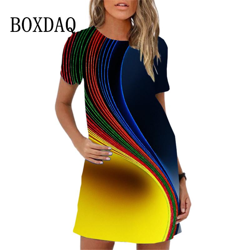 Colorful Feather Pattern Women Dress New Spring Summer Clothing Fashion Elegant Short Sleeve O-Neck Gradient Print Dresses