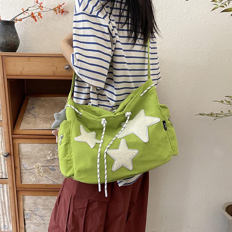Large Capacity Corduroy Women's Shoulder and Crossbody Tote Bag with Pentagram Design