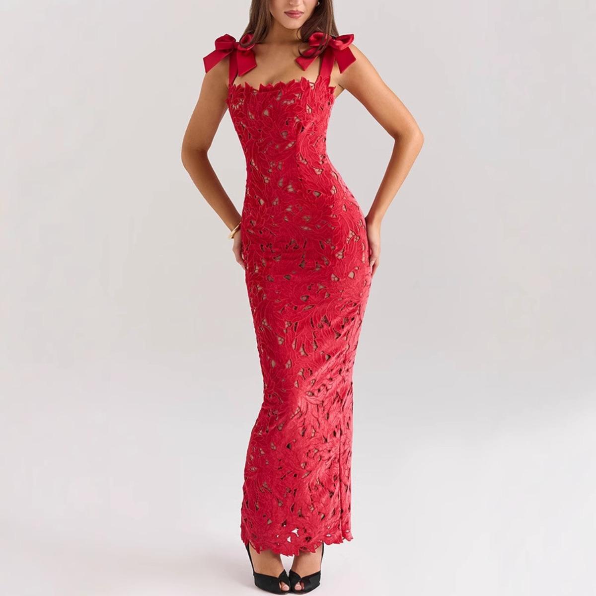 Women s Sweetheart Neck Sleeveless Maxi Dress Bodycon Fit High Waist Elegant Lace Bow Spaghetti Strap Party Midi Dress S