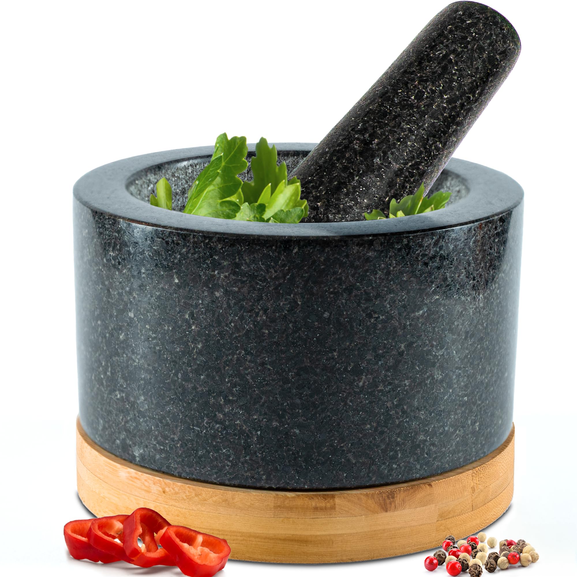 

Heavy Duty Mortar and Pestle Set with Bamboo Base Large 2 Cup Granite Stone Grinder Bowl Molcajete Bowl for Spices and Guacamole