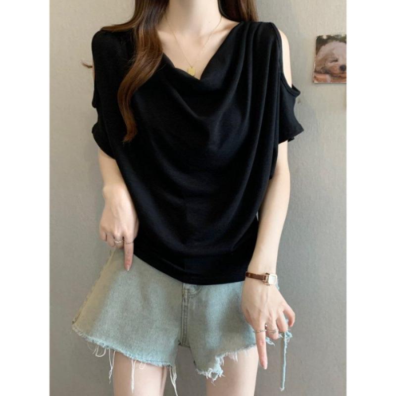 Women's Cowl Neck Short Sleeve Cold Shoulder Tunic Top Batwing Loose Fit Plus Size Elegant Commuter Solid Color Tee Summer Blouse