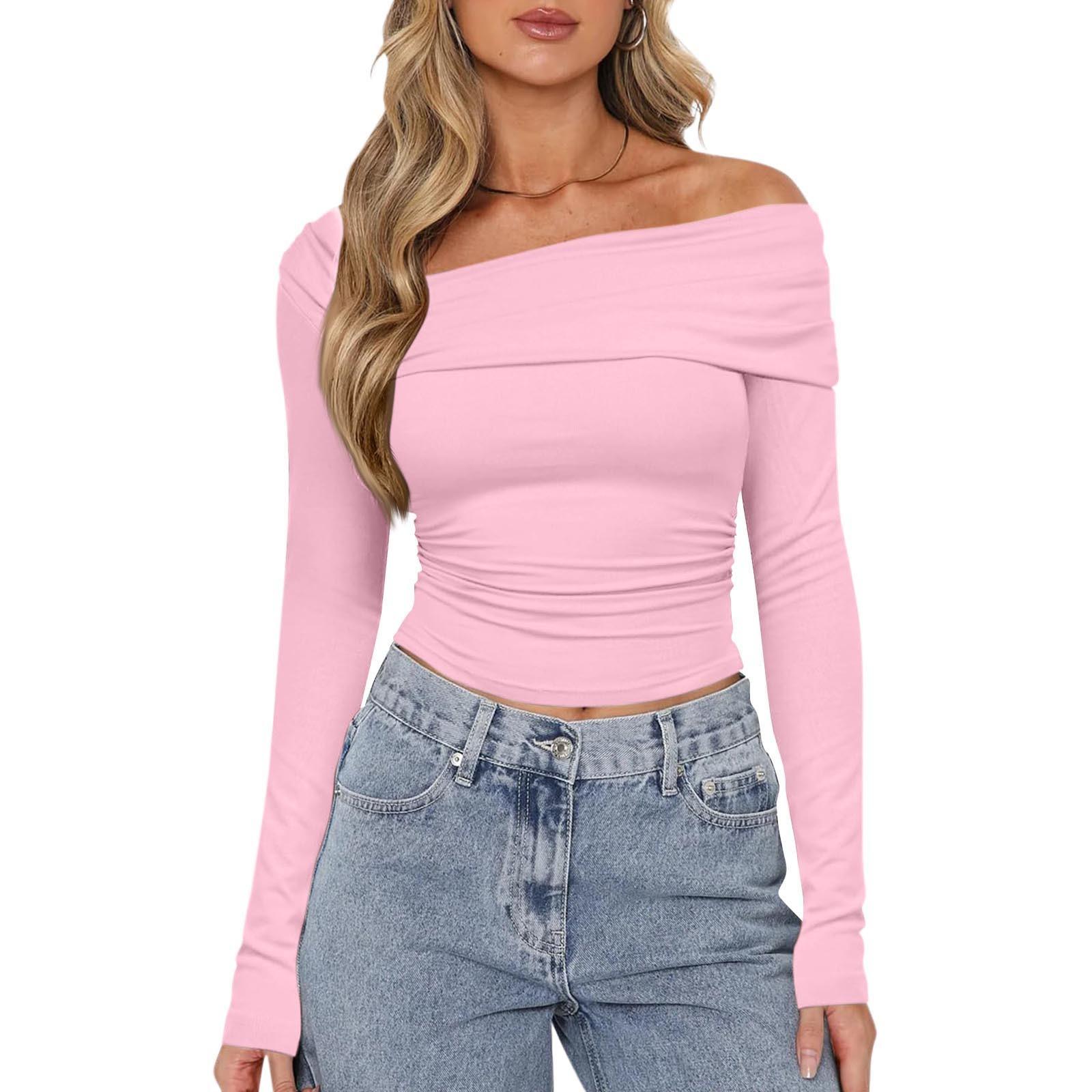 Women s Fashion Color Single Shoulder Long Sleeved Pleated Slim Fit Short Exposed Navel Top M розовый