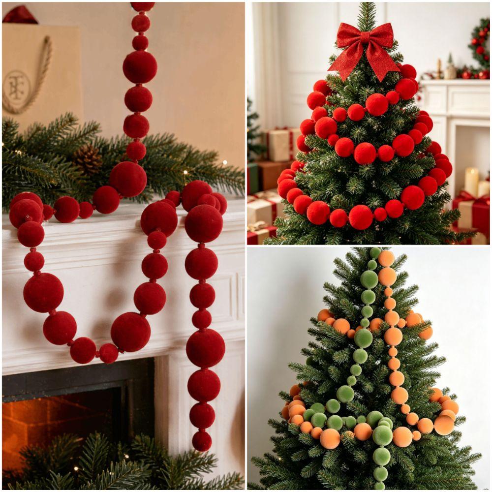 Multicolor Flocking Ball String Mixed Size Christmas Ball String Hanging Decoration  Party Supplies