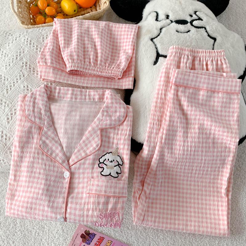 Line Puppy Cloud Cotton Pajamas Women'S Summer Short-Sleeved Three-Piece Set Sweet Plaid Thin Loungewear