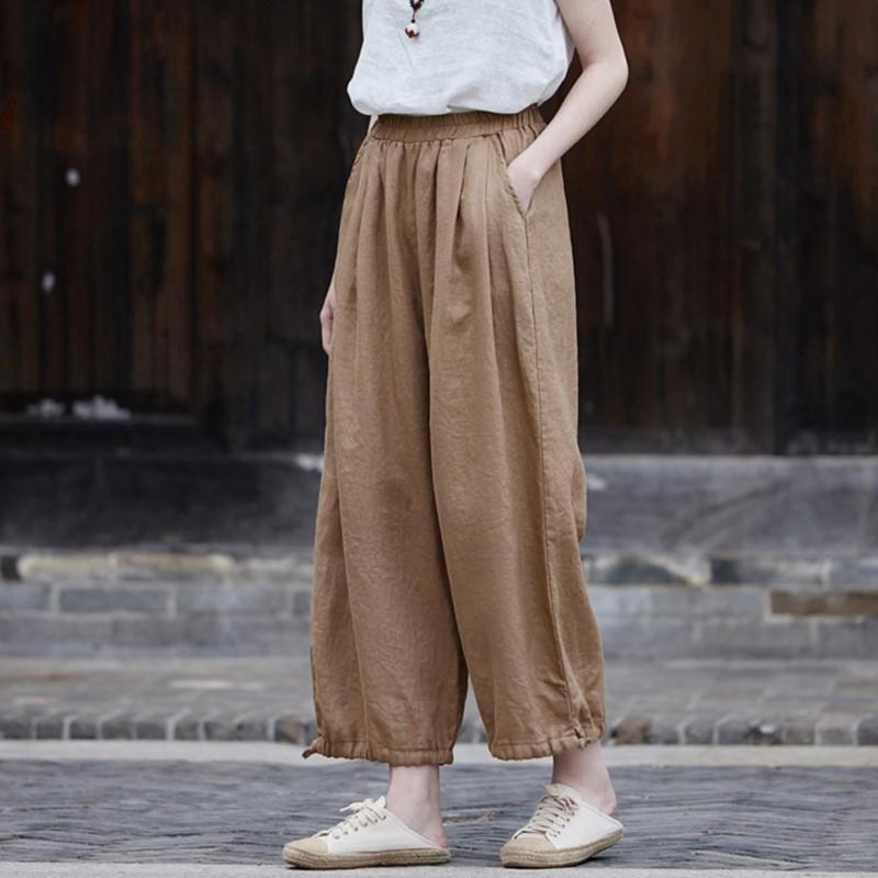 Johnature Pantaloni drepți din bumbac și in pentru femei Pantaloni de toamnă de culoare solidă Buzunare cu talie elastică Pantaloni vintage până la gleznă